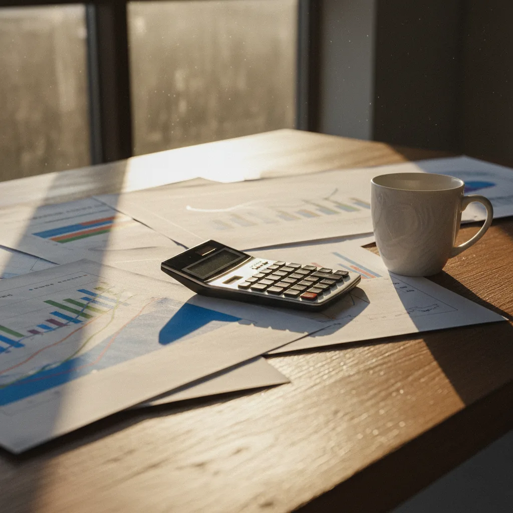 Table de travail avec graphiques financiers et notes sur une stratégie d'investissement